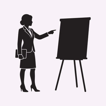 Businesswoman Pointing Presentation Board Side View Silhouette Professional Pose Minimal Black Vector Illustration