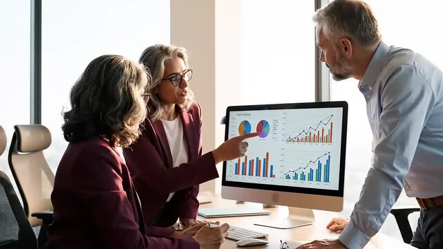 Business team analyzing data on computer.