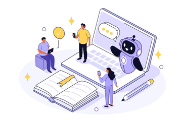 Characters studying together with ai robot assistant. Artificial intelligence in business and education. Vector isometric illustration.