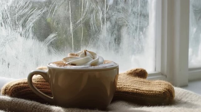 Cozy Frosty Breakfast. Peaceful Cold Morning Scene Featuring Hot Cup Of Cocoa In Quiet Winter Air
