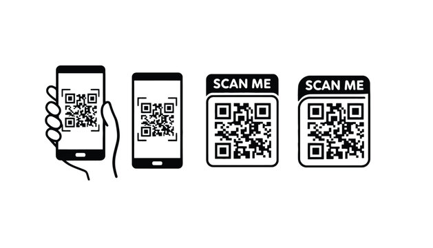 A hand holds a smartphone displaying a QR code next to two standalone QR codes.