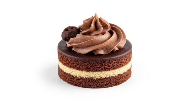 Decadent mini chocolate cake with layered sponge and rich cream topping isolated on white background