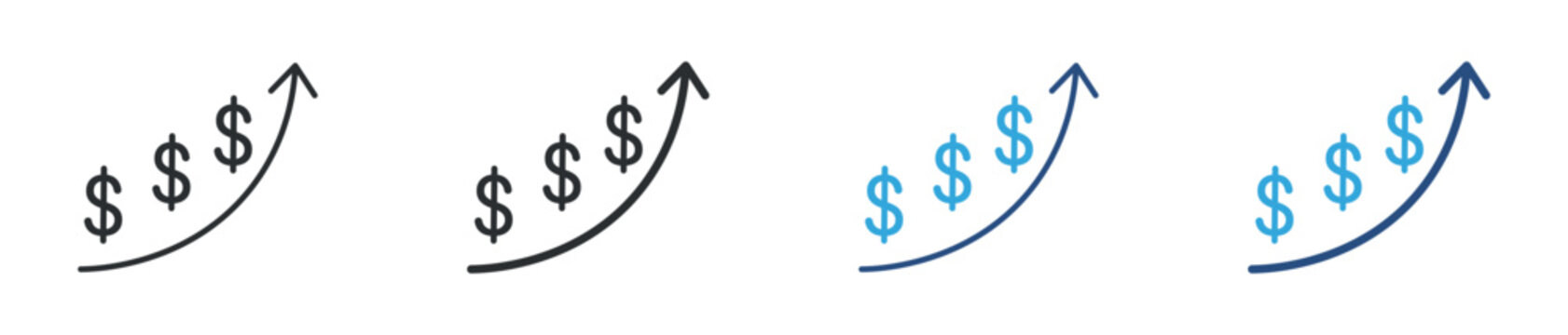 Financial growth and profit increase icon set. Dollar symbols with upward trend arrow, business success and revenue growth concept. Vector illustration.
