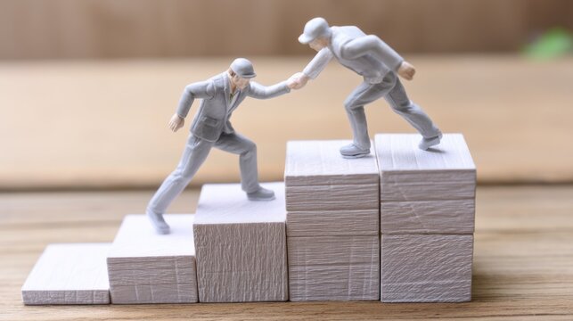 Two business figures on a wooden table collaboratively helping each other climb steps, symbolizing teamwork and growth