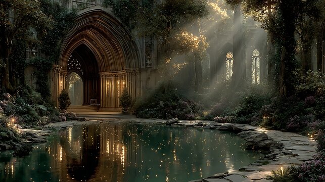 Ancient stone portal in lush green enchanted forest clearing pictures