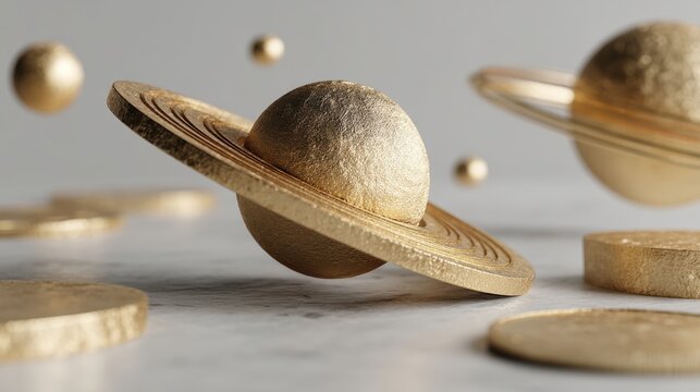 Intricate golden model of saturn surrounded by shimmering coins floating in a digital sky like planets in space