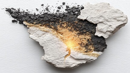 Fototapeta premium White and black rock fragment with a soft yellow light emitting from its cracked surface