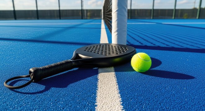 Padel tennis racket and ball on a blue court with white lines and net