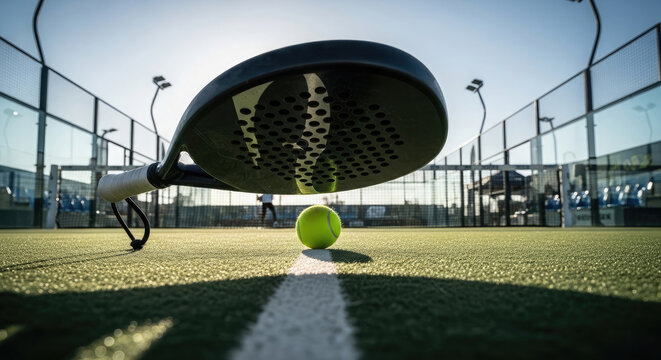 Padel racket about to hit a ball on a sunny court