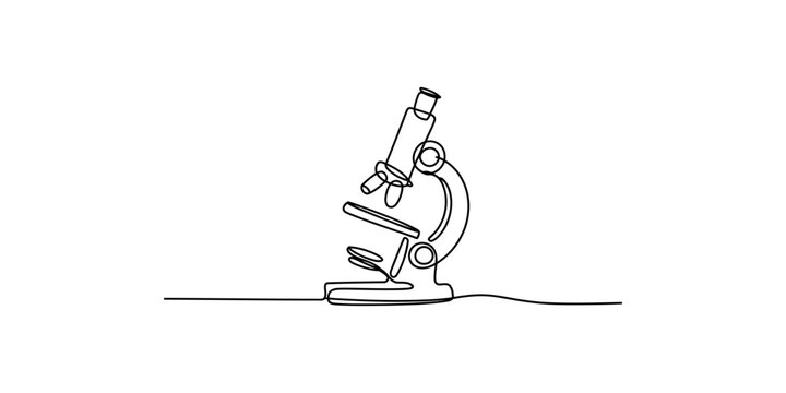 Continuous line drawing of a microscope on a table in a laboratory setting science research