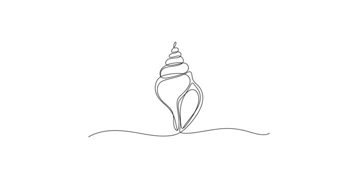A continuous line drawing of a conch shell on the sandy beach sea ocean wave