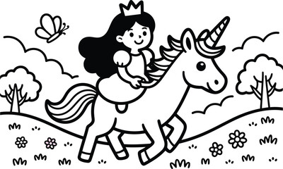 Naklejka premium A magical cartoon princess wearing a crown rides her unicorn happily through a charming outdoor landscape