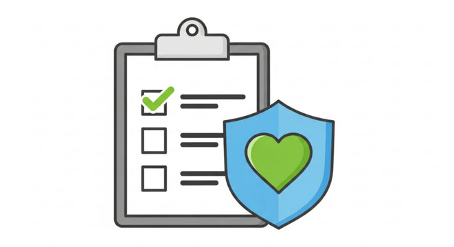 Clipboard with checklist and shield featuring green heart symbol for security and protection