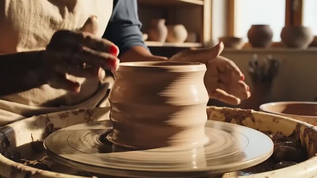 Woman working on clay pottery wheel.
