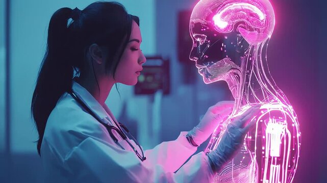 Doctor examining a glowing holographic human anatomy model with advanced technology