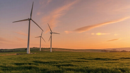 Obraz premium Wind Turbines in Open Green Field at Golden Hour