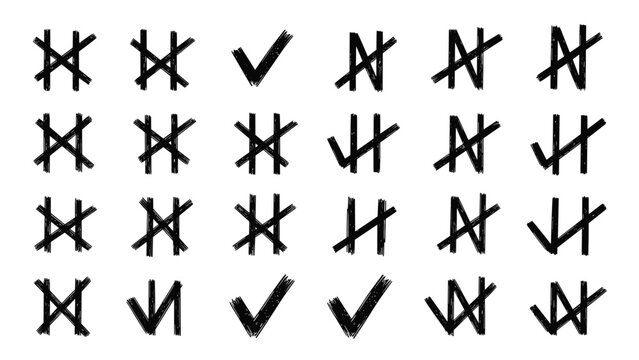 Set of hand-drawn black tally marks and check marks representing counting and task completion in a simple rustic style.