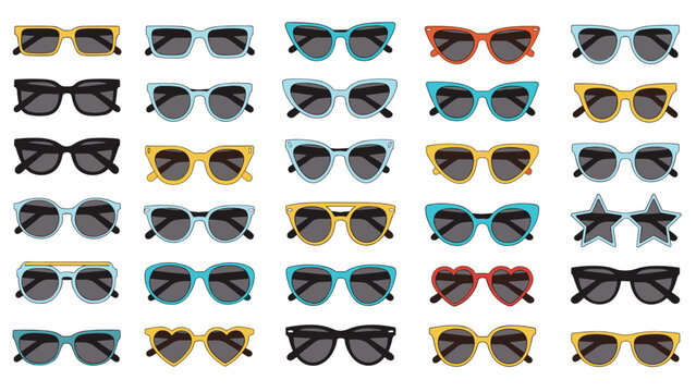 Large variety of fashionable sunglasses in various frames and lens colors arranged in a neat and organized grid pattern.