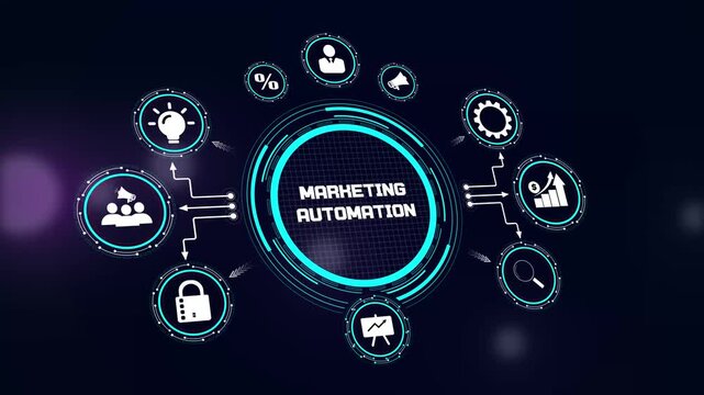 Marketing automation hud animation for strategic digital workflow streamlining, lead generation, and professional efficiency visuals