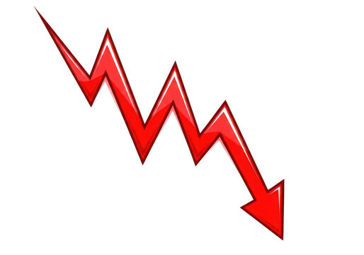A red arrow pointing downwards in a jagged line isolated on transparent background