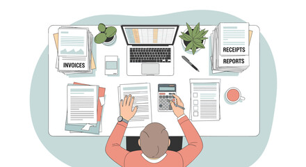 Flat minimalist illustration of business owner preparing end of year finances b © Artbibun