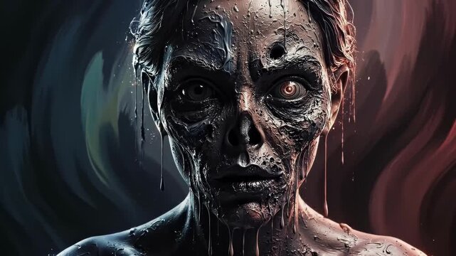 A terrifying and highly detailed close-up of a decaying, zombie-like face with sunken eyes and mottled skin, evoking horror and fear in a dark, unsettling atmosphere.