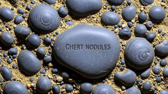 Chert nodules rocks and pebbles on sand geological formation natural stone collection