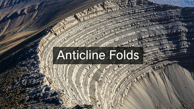 Anticline folds in a rocky landscape with layers of stone formations and a mountain range in the background  geological structure