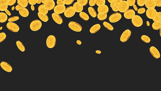 Dozens of shiny gold dollar coins falling or raining down from the top against a dark black background representing wealth and success.