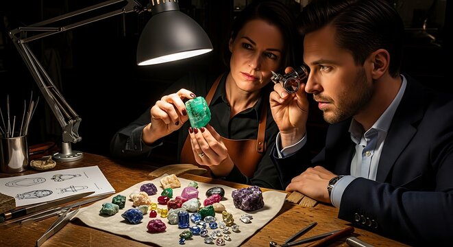 Gemologists Examining Precious Stones Under Magnifying Glass and Lamp.