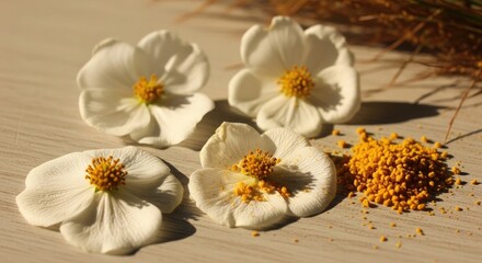 Obraz premium Desert globemallow flowers and pollen on sandy surface