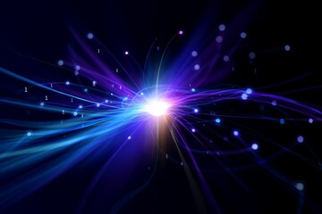 Fototapeta premium A vibrant purple and blue light burst with radiating lines and particles against a dark background