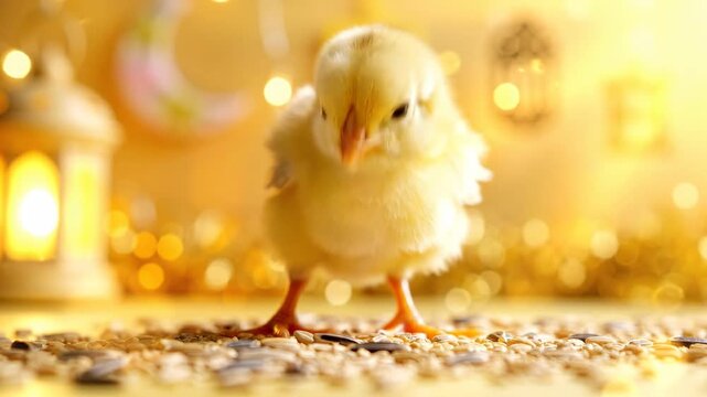 A fluffy yellow chick stands on scattered seeds with a warm, golden, festive background.
