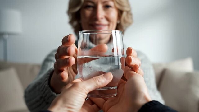 A person's hands offering a refreshing glass of water to a smiling older woman.
