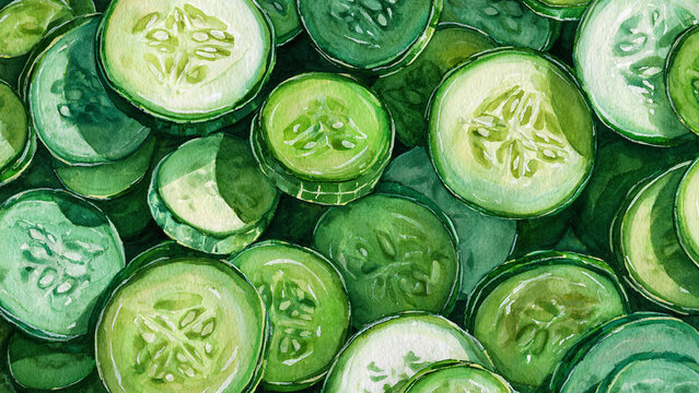 Hand-painted watercolor illustration of pickle slices in full frame composition, dense overlapping cucumber cuts with fresh green tones and visible seeds, perfect for food background.