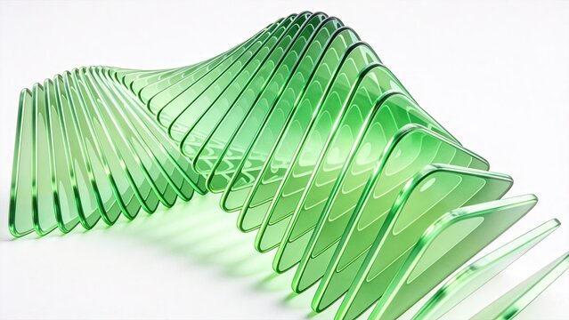 Abstract green glass wave design modern 3D geometric structure with translucent layers minimalist background creative technology concept digital art futuristic pattern smooth curve