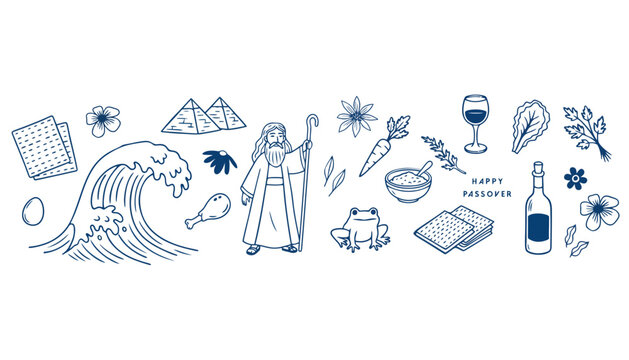 Moses illustration with Passover symbols and Egyptian elements in blue line art