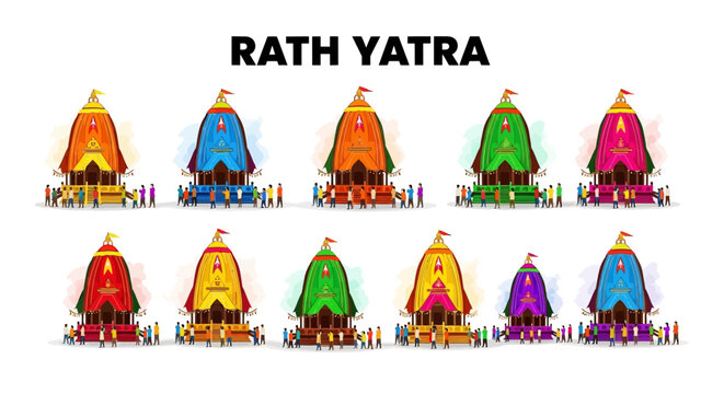 Colorful illustration of rath yatra festival chariots with ornate details and traditional designs