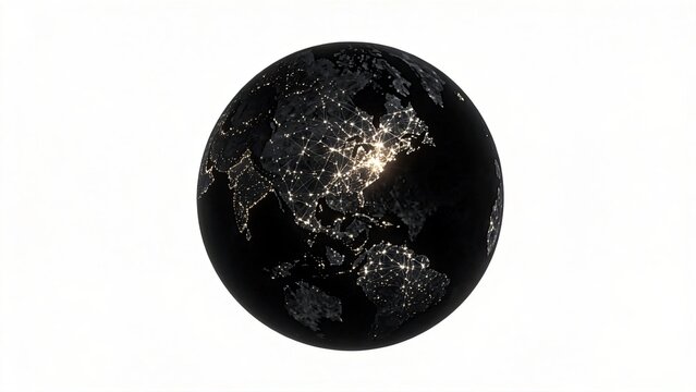 Glowing network connections on a black globe world map with digital data points global technology internet communication business science 3d render isolated on white background