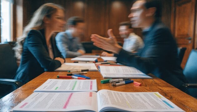 Medium shot in a law firm conference room highlighting debt issuance docs with covenants pinpointed mismatched pens and annotations blurred legal team exchanging opinions.