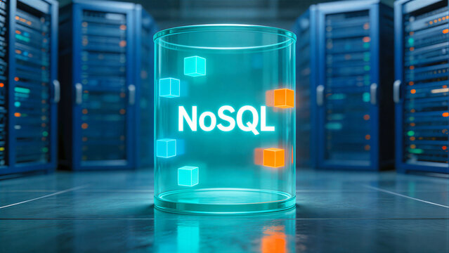 Glowing teal glass container with NoSQL text. Cyan and orange data blocks floating inside a modern server room. Key-value database concept