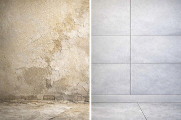 Fototapeta premium An AI‑generated illustration showing a dramatic before‑and‑after wall transformation. The left side displays a damaged, aged surface, while the right reveals a clean, renovation contrast.
