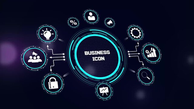 Modern business icon hud animation showing symbolic networking icons for innovation tracking and success monitoring