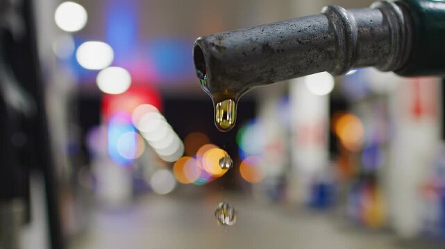 Fuel nozzle drips gasoline in sequence, showcasing liquid flow at gas station with blurred lights in background. Concept of rising oil prices, energy market volatility, fuel cost increase, inflation