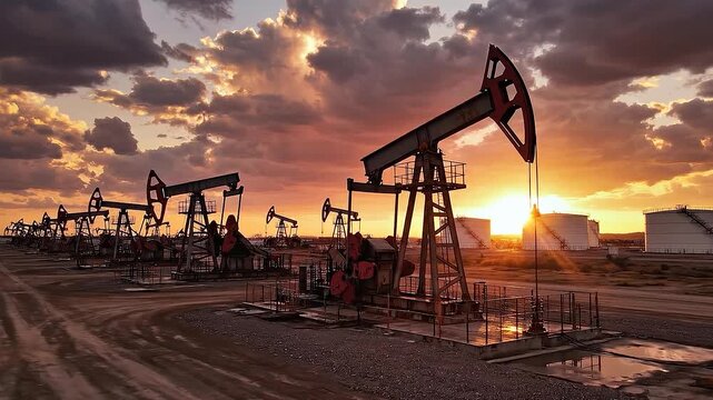 Oil pumps operating at sunset in oil field with storage tanks in the background, showcasing energy production. Concept of rising oil prices, energy market volatility, fuel cost increase