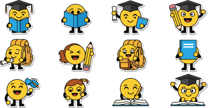 Cute student emoji characters set with graduation school study activities cartoon vector illustration collection