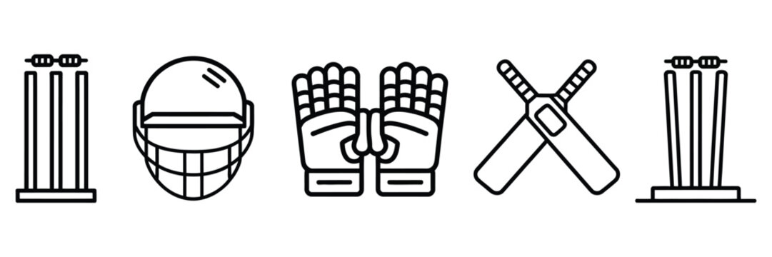 Cricket equipment black line icon set on white background, minimal sports game accessories design, clean outline vector icons for cricket