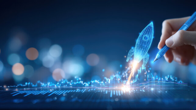 Digital wireframe rocket launching from glowing financial chart, hand drawing trajectory with pen, futuristic startup energy and growth