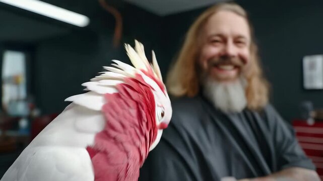 Parrot perches on barber chair next to laughing man in hair salon