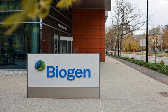 The sign of Biogen, a global biotechnology company, outside its office building in Kendall Square, Cambridge, Massachusetts, USA